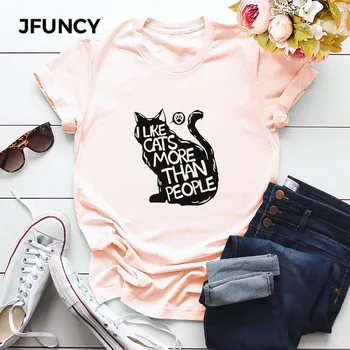 JFUNCY imi Place Cat de Imprimare Bumbac Vara Tricou Femei, cu Maneci Scurte T-shirt Femei Teuri Plus Dimensiune Casual Doamna de Bază Topuri