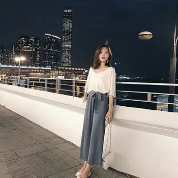 2019 Vară V Gâtului Arc Set De Două Piese Casual Chic, Pantalonii Palazzo 2 Buc Set Scurtă Elegant Coreean Chic Pentru Femei Seturi De Haine