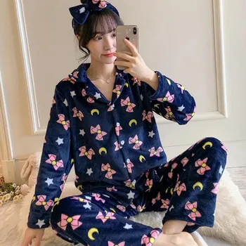 Femei Pijama Japonia Anime Sailor Moon Bowknot Luna 3pcs Set de Pijamale Coral Catifea Pijamale Lolita Fete Pijama Party Costum
