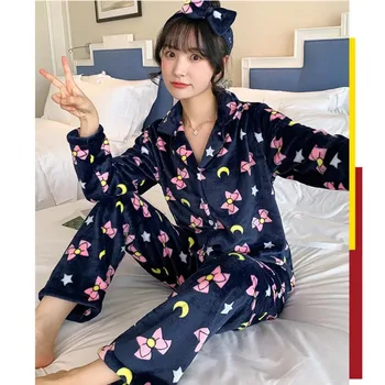 Femei Pijama Japonia Anime Sailor Moon Bowknot Luna 3pcs Set de Pijamale Coral Catifea Pijamale Lolita Fete Pijama Party Costum