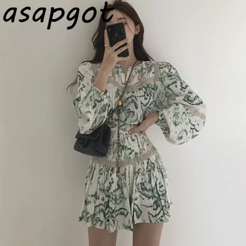 Elegant O-Gat Imprimeu Floral Bluza Femei Lantern Maneca Camasi Slim Talie Mare Volane Plisata Fusta Mini Temperament Chic Coreea