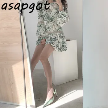 Elegant O-Gat Imprimeu Floral Bluza Femei Lantern Maneca Camasi Slim Talie Mare Volane Plisata Fusta Mini Temperament Chic Coreea