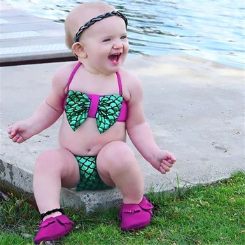 Copilul Fete 2 Piese Set Sirena Drăguț Costum De Baie Sugari Set De Bikini Cu Arc De Vară De Moda Costume De Baie Beachwear Haine 2019