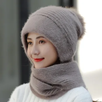Iarna Femei Chelioși Pălării Combinate cu Eșarfă de păr de iepure pălărie tricot cald pentru ciclism în aer liber caciula de iarna căciuli pentru femei