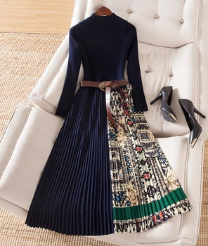 Femei de culoare bloc imprimare mozaic pulover tricot centura rochie cu maneca lunga de la jumătatea vițel plisate elegante rochii noi 2019 primăvară