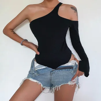 Neagră Pe Un Umăr De Bază Bodysuit Coaste Tricot Elegant Femei Sexy Toamna Costume 2019 Moda Cu Maneci Lungi Skinny Body