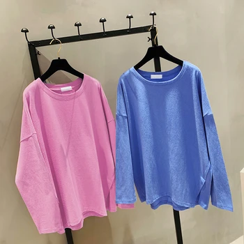 2021 Vara Noi Femei T-Shirt Solid Cu Mâneci Lungi O-Gât Roz Portocaliu Albastru Casual Doamna Uza Haina Topuri