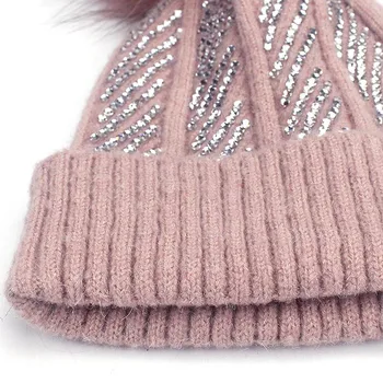 Brand Iarna Pietre De Diamant Pălărie De Blană Pălărie De Iarnă Pentru Femei Vopsire Pom Poms Palarie Cald Fata De Lână Capac De Cald Moda Tricotate