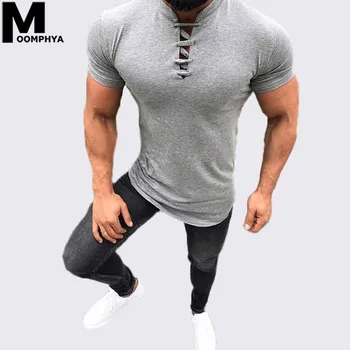 Moomphya 2019 Cruce curele de adânc V-Gât cu maneci scurte barbati tricou Streetwear hip hop t-shirt pentru barbati Slim Fit tricou tricou barbati
