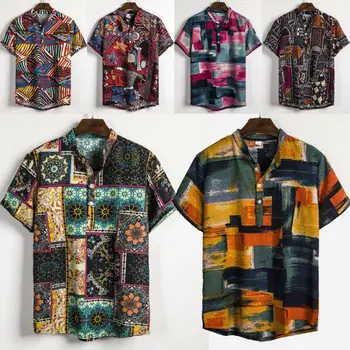 Stil Național Pentru Bărbați Lenjerie Imprimeu Floral Maneca Scurta Tricou De Vara Hawaii Vacanță Liber Casual Sta Tricouri Top Nou
