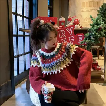 Roșu Crăciun Pulover Femei Tricotate Ghem De Păr În Vrac Pulovere Calde Casual Vintage Uza O-Neck Maneca Lunga Harajuku Jumper W215