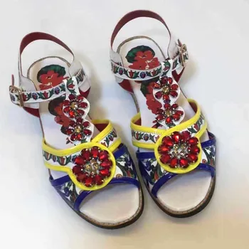 2019 Tribale Imprimare Boem Vara Sandale Plate Pantofi De Plaja Ștrasuri Din Mărgele Flori Impodobita Piatră Prețioasă Pantofi De Moda Femei