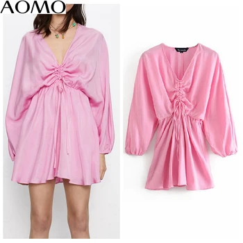 AOMO moda femei solide de culoare roz za dress cutat v gâtului maneca lunga doamnelor liber casual rochie mini vestidos 3H387A