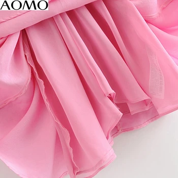 AOMO moda femei solide de culoare roz za dress cutat v gâtului maneca lunga doamnelor liber casual rochie mini vestidos 3H387A