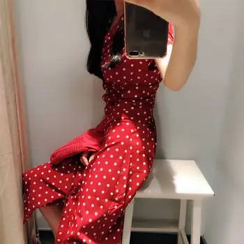 2020 Moda de Vara pentru Femei Rochie Boho Vacanță cu Buline Maxi V-Neck Cămașă Lungă Rochie Casual cu Maneci Scurte Roșu de Moda Rochie Lunga