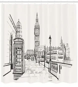 Modern Perdea de Duș de la Londra City cu Big Ben Monument Scenă în Stil Schiță Britanic Celebru Oraș opera de Arta Decor Baie Set