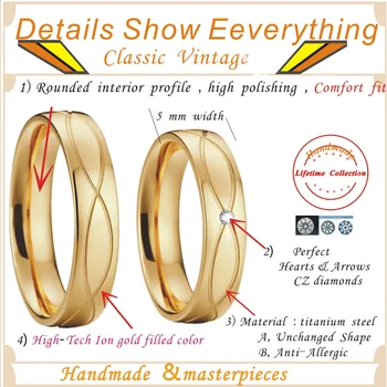 1 pereche de epocă două inele de nuntă pentru bărbați și femei Iubitor de Alianță placat cu aur de 18k bijuterii inel de căsătorie