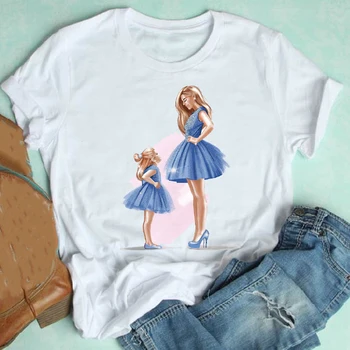 Femei cu Maneci Scurte Fiica Fată Drăguță Mujer Camisetas Desene animate Mama Mama Haine de Imprimare Tricou Femei Tee Top Graphic T-shirt