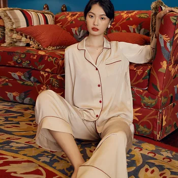 Nou Stil Pijamale De Mătase Set De Toamna/Iarna Moda Rever Mic De Culori De Contrast Culoare De Tundere Cu Maneci Lungi Vrac Se Potrivi Haine De Casă