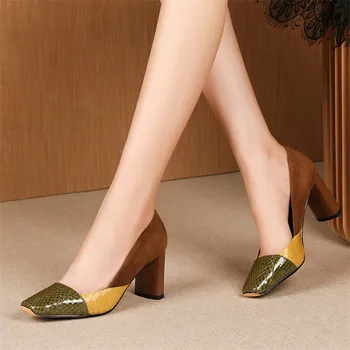 ANNYMOLI Tocuri inalte Femei Pompe Naturale din Piele Toc Gros Pantofi de Partid Culori Amestecate Square Toe Pantofi Doamnelor Dimensiunea 39