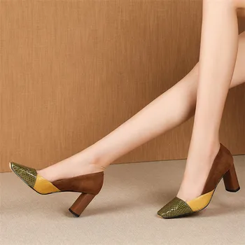 ANNYMOLI Tocuri inalte Femei Pompe Naturale din Piele Toc Gros Pantofi de Partid Culori Amestecate Square Toe Pantofi Doamnelor Dimensiunea 39