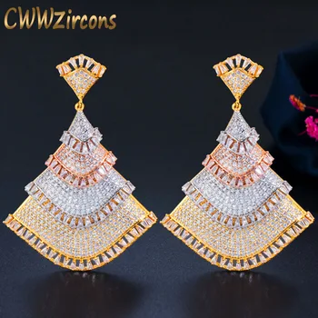 CWWZircons Super Lux Mare Declarație Lung Legăna Picătură din Africa Nigerian 3 Tone de Aur CZ Nunta Cercei pentru Mirese Petrecere CZ677