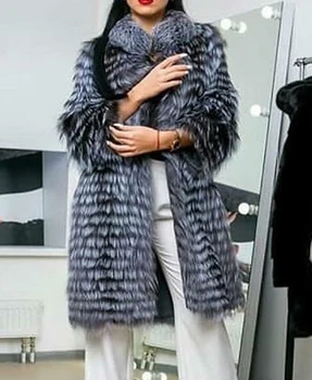 Doamna cu dungi de argint reale haină de blană de vulpe timp cardigen cu garnitură de lână primavara toamna de lux elegante plus dimensiune haine uza
