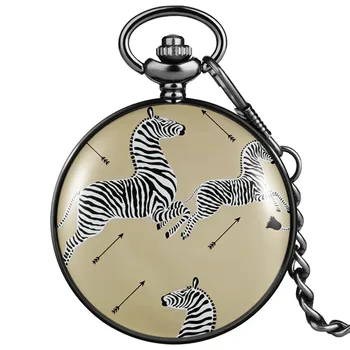 Tipărite Zebra Full Hunter Cuarț Pandantiv Ceas De Buzunar Negru Fob Lanț Antic Bărbați Ceasuri Analog Cadran Rotund Ceas Retro