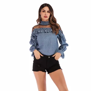 Moda Blusas Mujer De Moda 2019 Birou Femei Sexy Guler Plasă De Mozaic Femei Șifon Bluze Bluza Volane Topuri Blusas