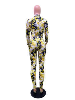 Două Piese de Costume pentru Femei, cu Maneci Lungi Abstract Top Imprimate Bluza & Bodycon se potrivesc Slim Fit Pant