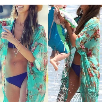 Femeile Plaja Bluza Acoperi Doamnelor De Protecție Solară De Îmbrăcăminte Boho Tunica Chimono Verde Val Kimono Șifon Cămașă