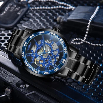 Câștigătorul Transparent Diamant Ceas Mecanic de Aur din Oțel Inoxidabil Ceas Schelet de Brand de Top de Lux Ceasuri de mana pentru Barbati часы муж