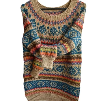 WEPBEL Femei Toamna Iarna Vintage Largi Tricotate Pulover Casual cu Maneca Lunga O Mozaic Gât Pulover de Sus