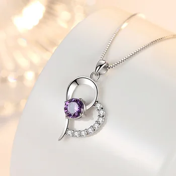 LEKANI Argint 925 Nou Femeie Bijuterii Fine de Înaltă Calitate Violet Cristal Zirconia Inima Pandantiv Colier Lungime 45CM