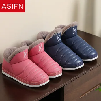 ASIFN Piele PU Acasă Papuci de Iarna pentru Femei Spumă cu Memorie Interior Bărbați Non-Alunecare de Casa Calda Moale Fund Gros de Bumbac Pantofi Femei