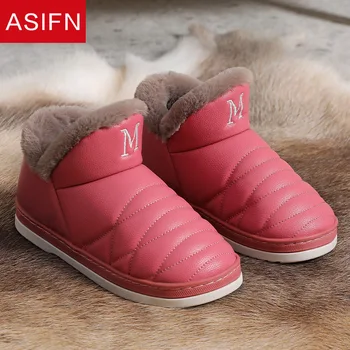 ASIFN Piele PU Acasă Papuci de Iarna pentru Femei Spumă cu Memorie Interior Bărbați Non-Alunecare de Casa Calda Moale Fund Gros de Bumbac Pantofi Femei