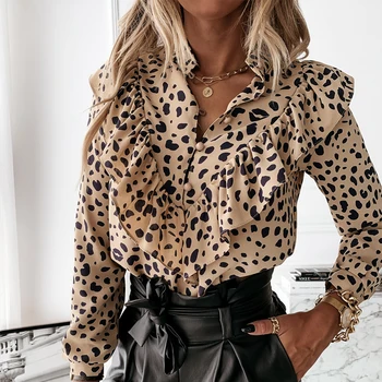 2020 Femei Toamna Leopard De Imprimare Volane Bluze Tricou Stand De Guler Maneca Lunga Tricou Doamnă Elegant Liber Birou Bluze Topuri