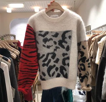 Toamna Iarna De Înaltă Calitate Femei Mozaic Leopard De Tricotat Pulover Casual Gros Nurca Cașmir Pulover Vrac Topuri