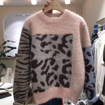 Toamna Iarna De Înaltă Calitate Femei Mozaic Leopard De Tricotat Pulover Casual Gros Nurca Cașmir Pulover Vrac Topuri