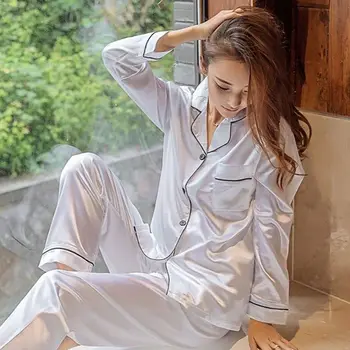Primăvară fierbinte Toamnă Largi de Mătase Satin Set de Pijama de Moda cu Dungi Single-breasted Maneca Lunga Două Seturi de Piese pentru Femei Pijamale
