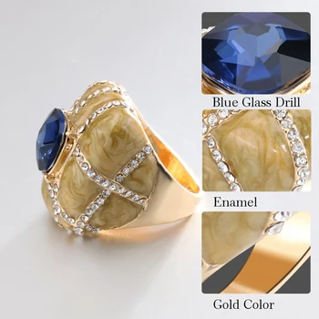 Kinel Unic Inel Mare Dubai Moda Aur Inele De Email Pentru Femei Albastru Piatră De Sticlă Și Cristal Alb Cruce Mozaic De Bijuterii Vintage