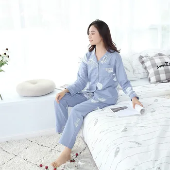 2021 Noi De Vara Subtire De Bumbac Homewear Pentru Femei Pijamale Costum De Dublu De Tifon Maneca Lunga Body Frunze De Imprimare De Sex Feminin Set De Pijamale
