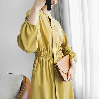 2020 Noi De Toamna Pentru Femei Rochie Lunga De Moda Două Porți Jacheta Stand Guler Talie Culoare Solidă Show Subțire Bubble Sleeve Dress