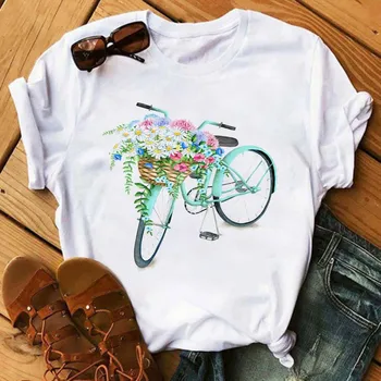 Florale Fete cu Biciclete Tricouri Femei Desene animate Grafice Imprimate Tricou de Moda Rotund Gat Femeie Haine cu Maneci Scurte