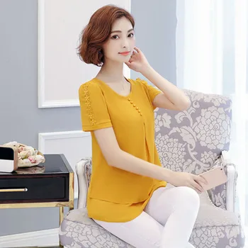 Coreea Style Femei Primavara-Vara Stil Șifon Bluze Camasi Doamna Casual cu Maneci Scurte Multi-strat de Sifon Blusas Topuri DF2791