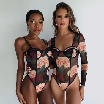 Hirigin Print Floral Mesh Body Femei Petrecere de Club cu Maneci Lungi Vedea Totuși Sexy Body Toamna Organism de sex Feminin Pentru Femei Top