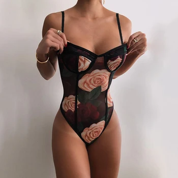 Hirigin Print Floral Mesh Body Femei Petrecere de Club cu Maneci Lungi Vedea Totuși Sexy Body Toamna Organism de sex Feminin Pentru Femei Top