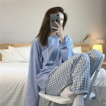 Pijamas Femei Din Bumbac Acasă Costum Body Carouri Pantaloni Pijamas Femme Doamnelor Camasuta De Noapte Pijamale Costum Coreeană Pijama Set
