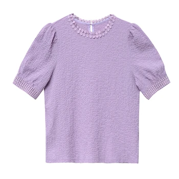 2021 Vară Cutat Caise Violet Topuri Blusas Mujer Maneca Scurta Șifon Bluza Femei Casual O Gâtului Plus Dimensiunea Femei Tricou 10205