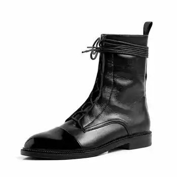 Lenkisen piele naturala Britanic vintage rotund deget de la picior stil liber dantelă sus pantofii cu toc mic negru de iarnă ține de cald femei cizme glezna L37